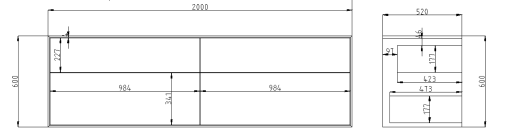 CAD-Zeichnung des Waschtischunterschranks 200 cm mit Maßen: Frontansicht mit vier Schubkästen und Seitenansicht