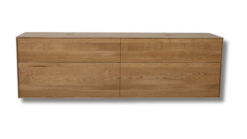 Waschtischunterschrank 200 cm aus astfreier Eiche massiv mit vier grifflosen Schubkästen, natural geölt